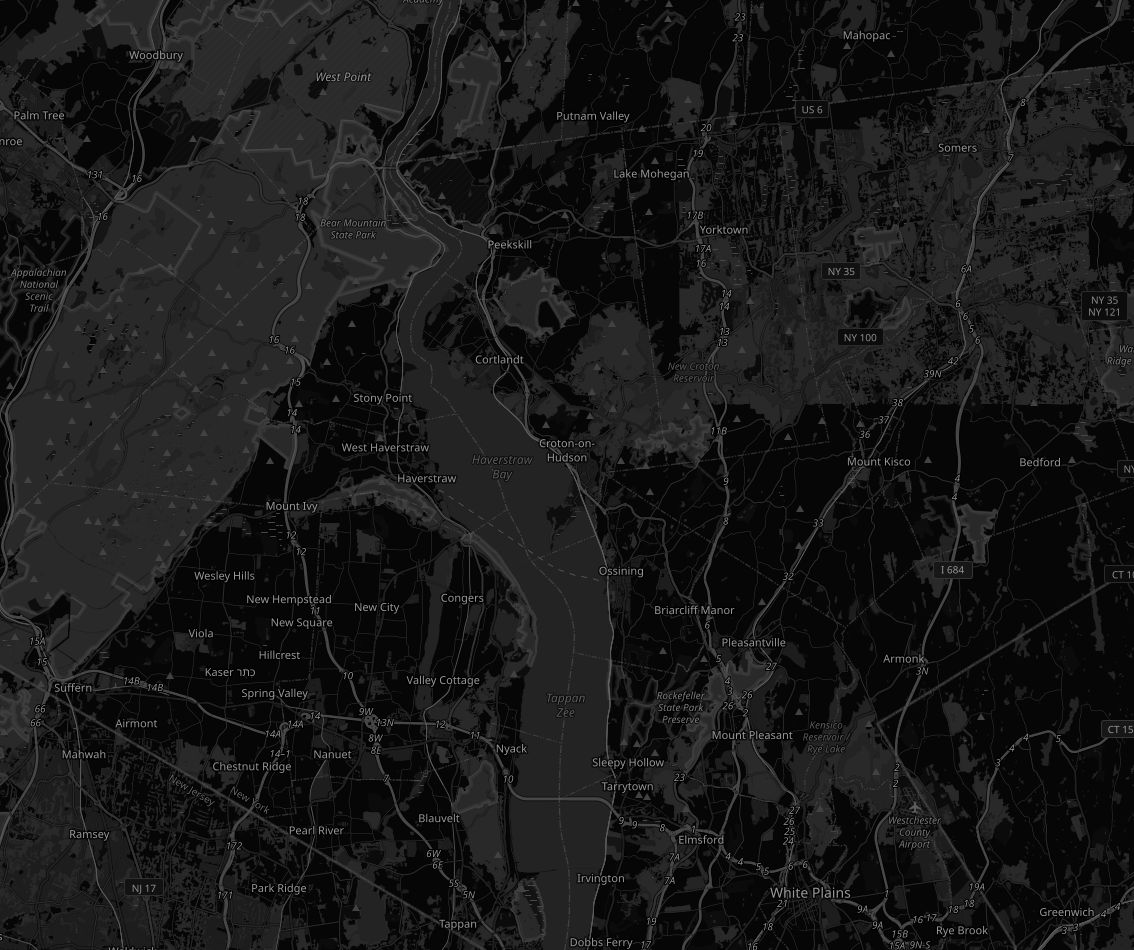 Grayscale area map: West Point in the north; Windrose in Ossining midway down the east bank; Hampton Inn in White Plains to the southeast. Map &copy; OpenStreetMap contributors.